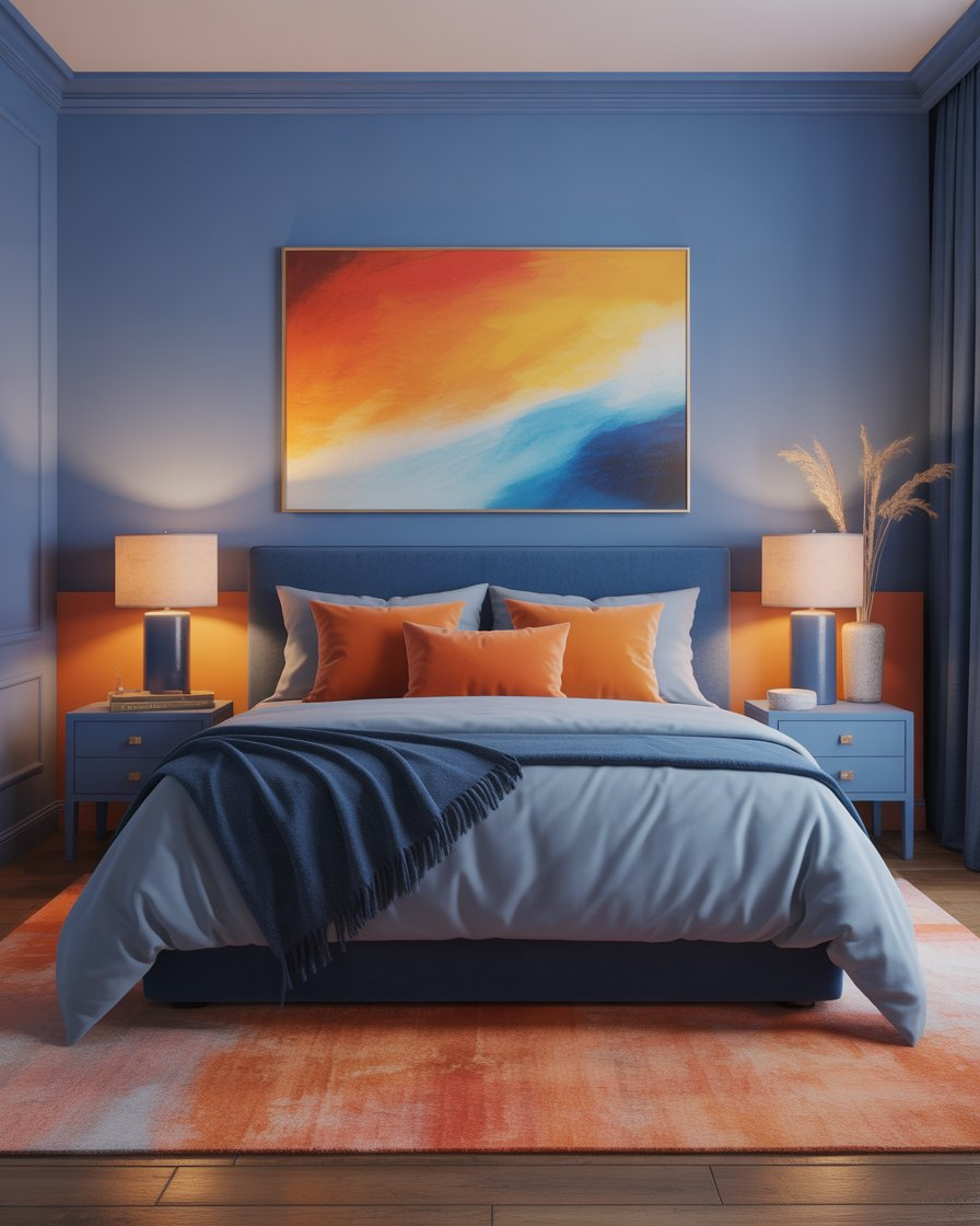 Serene bedroom with blue bedding and bright orange accents for an energetic yet relaxing vibe.