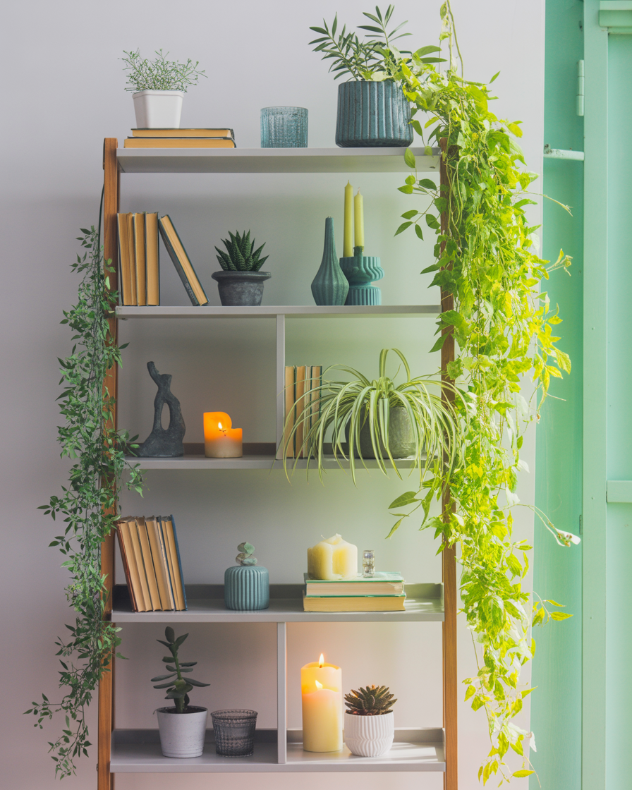 Bookshelf decor with books and greenery