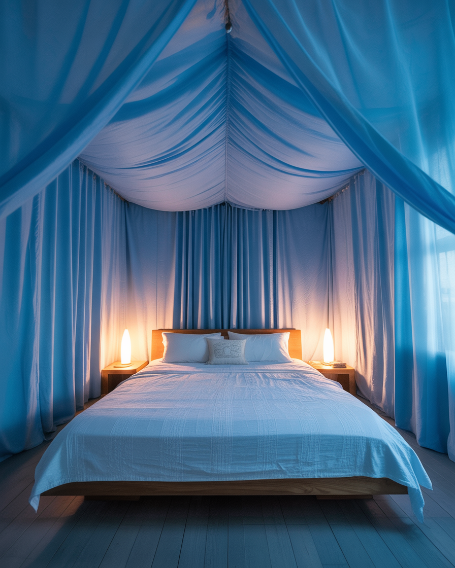  A dreamy blue boho bedroom with a light blue canopy drape and soft lighting for a whimsical, peaceful vibe.