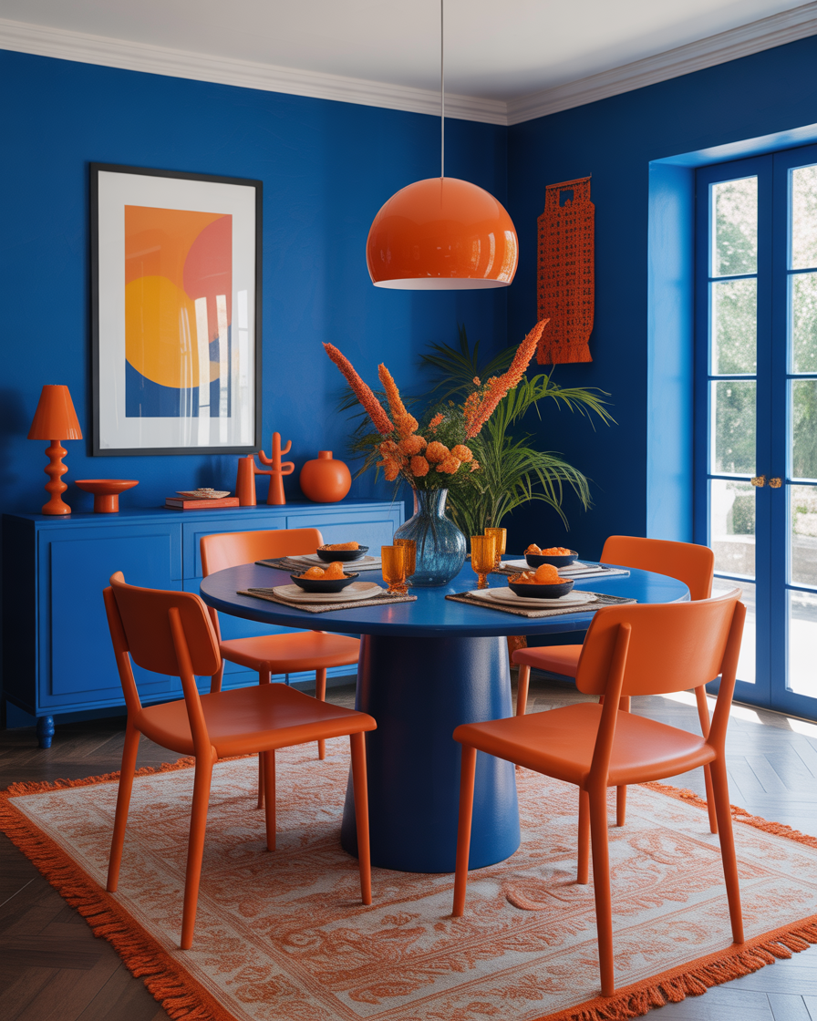 Bright dining room with blue walls and orange chairs, creating an energetic and stylish eating space.