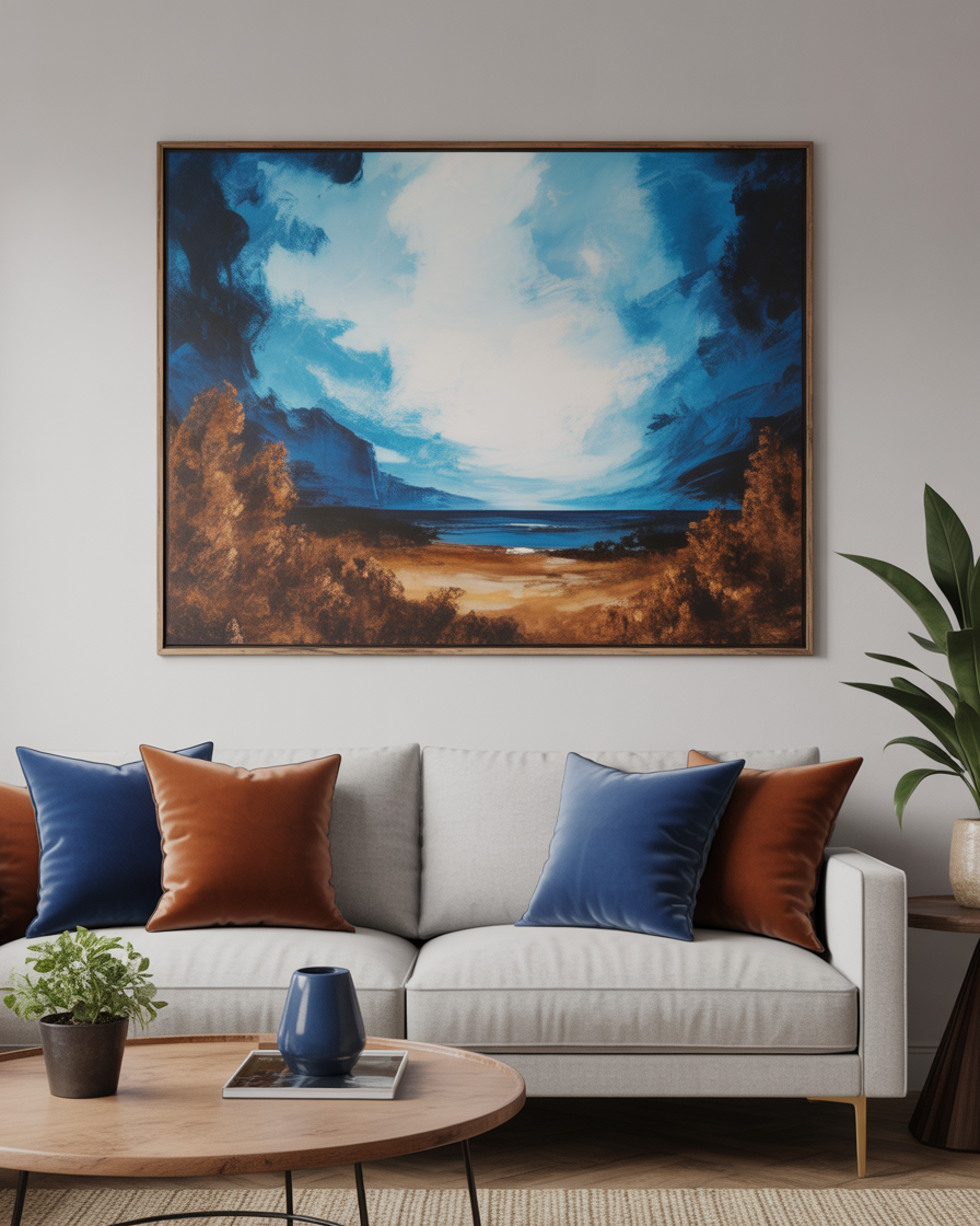 Elegant living room with blue and brown artwork adding personality and color to the space.