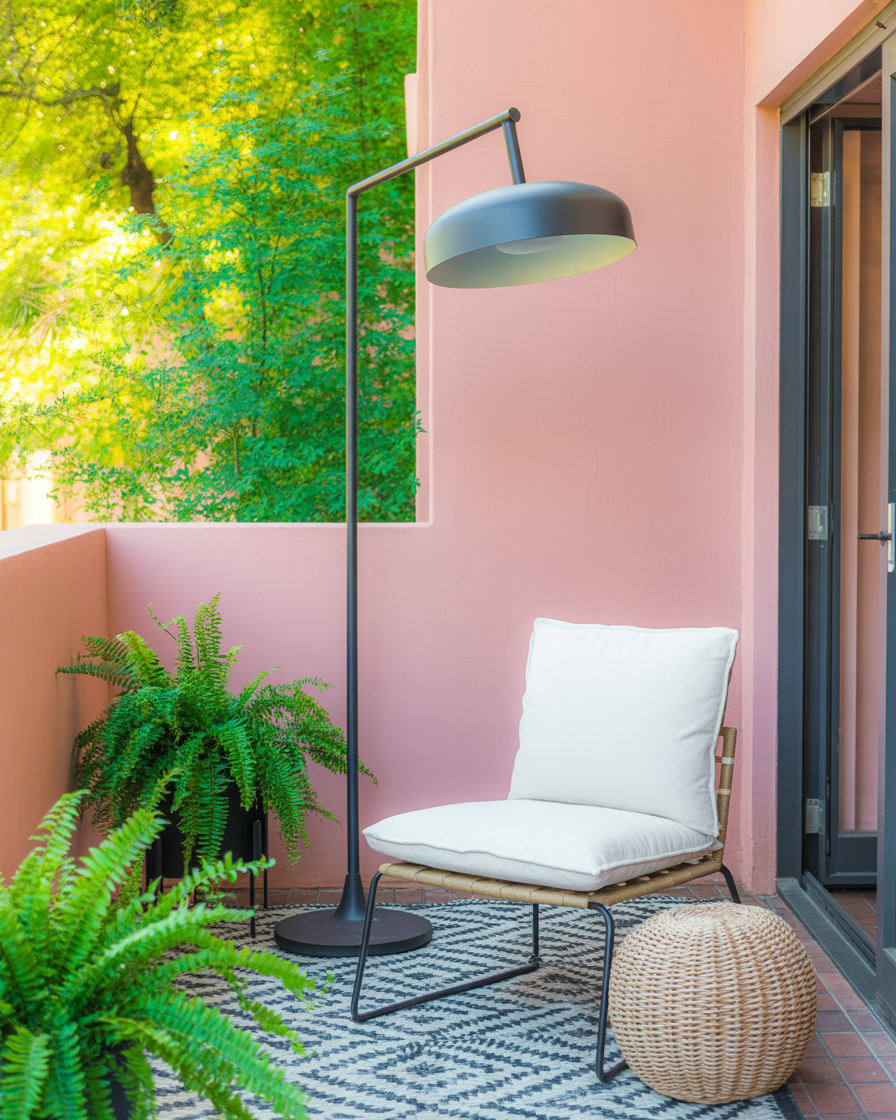 Elegant balcony lounge with standing lamp and evening lighting