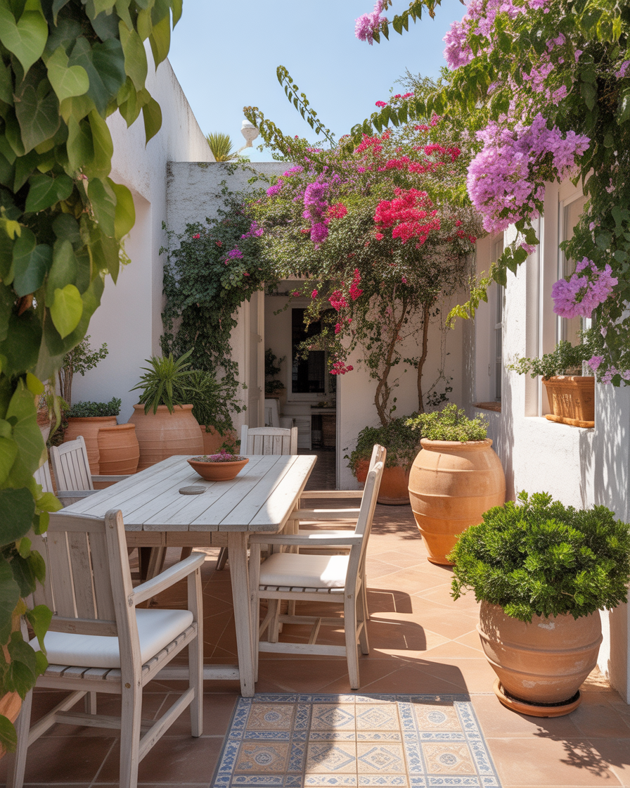 A Mediterranean patio with terracotta pots, whitewashed furniture, and bougainvillea plants.