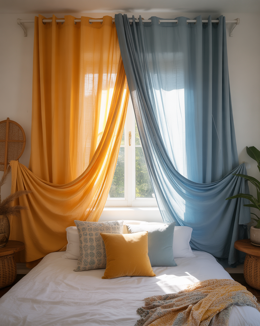 Flowy yellow and blue curtains adding a soft boho touch to the bedroom.
