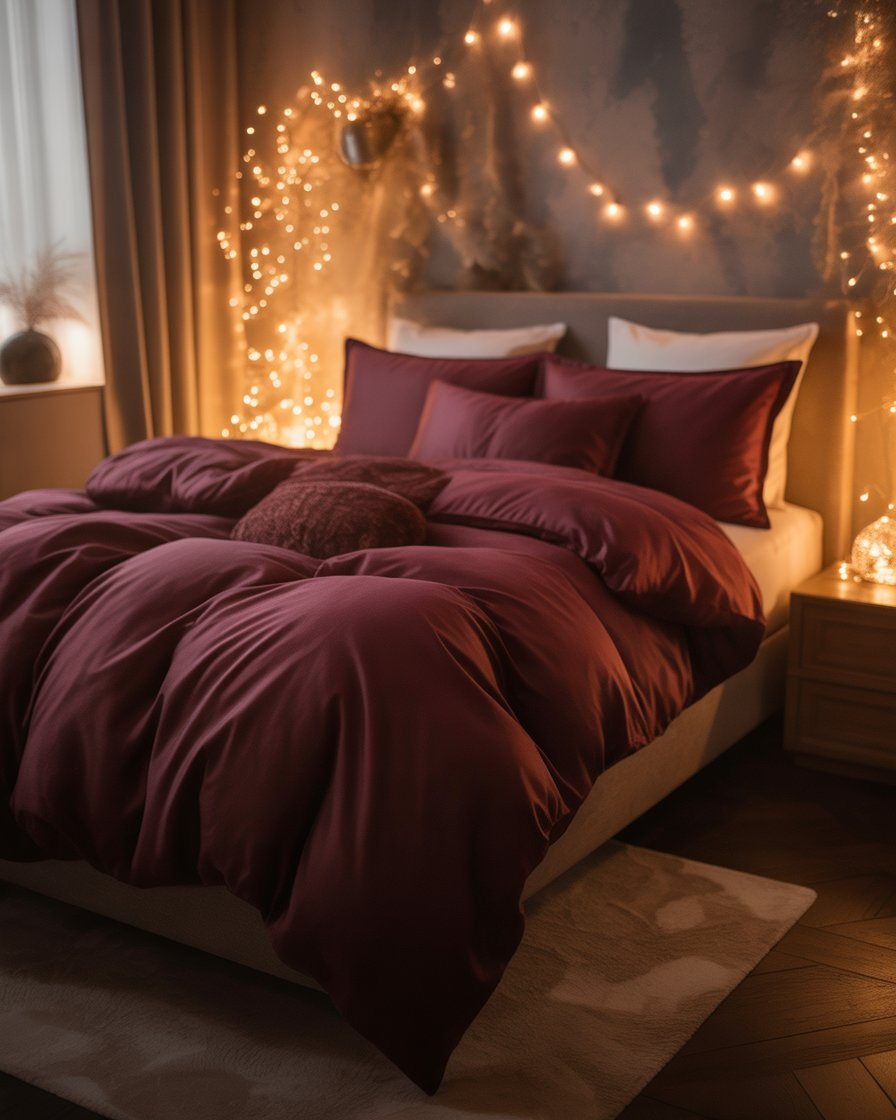 Moody bedroom with burgundy bedding and soft lighting adding warmth and romance to the space.