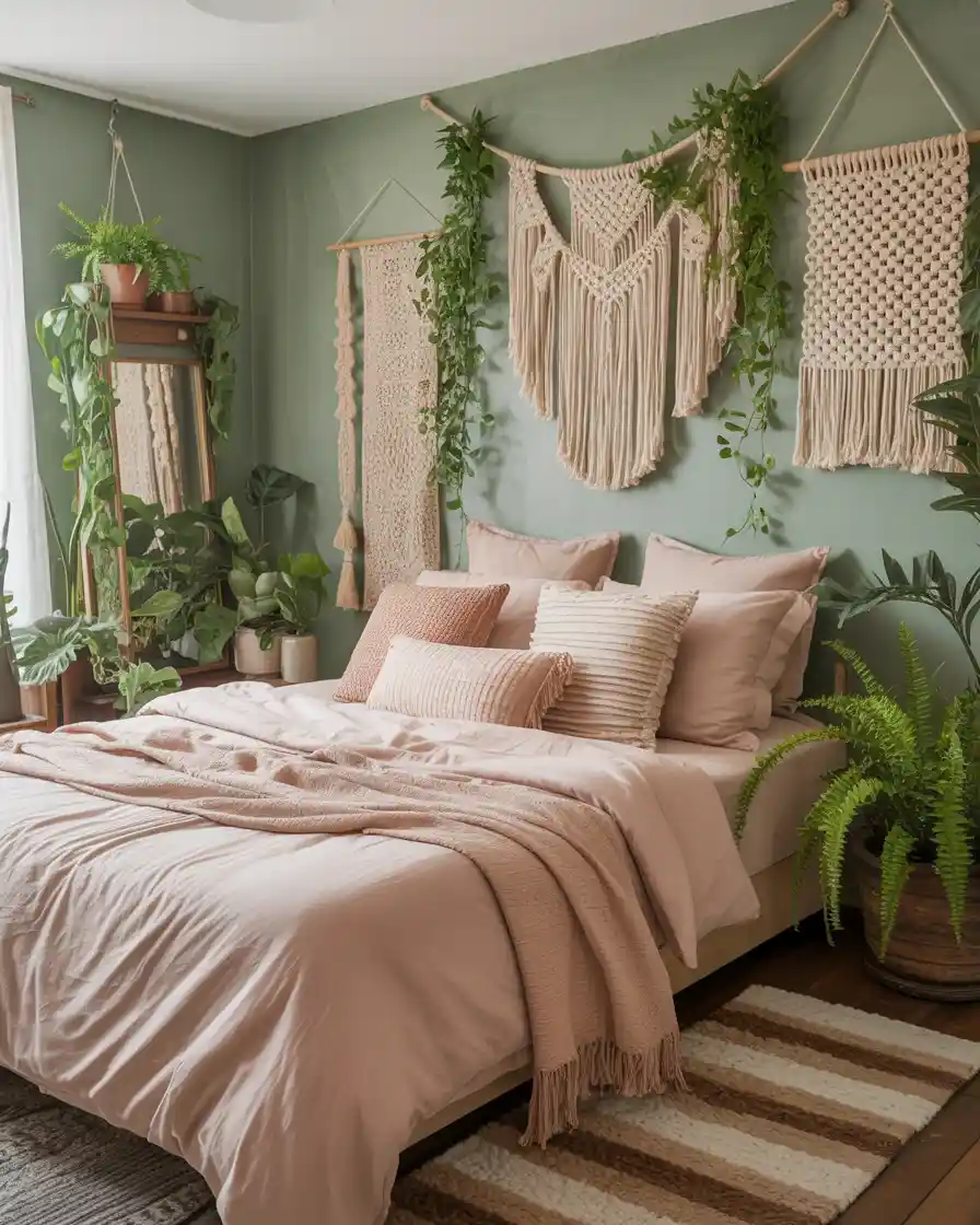  Bohemian bedroom with sage green walls and blush accents.