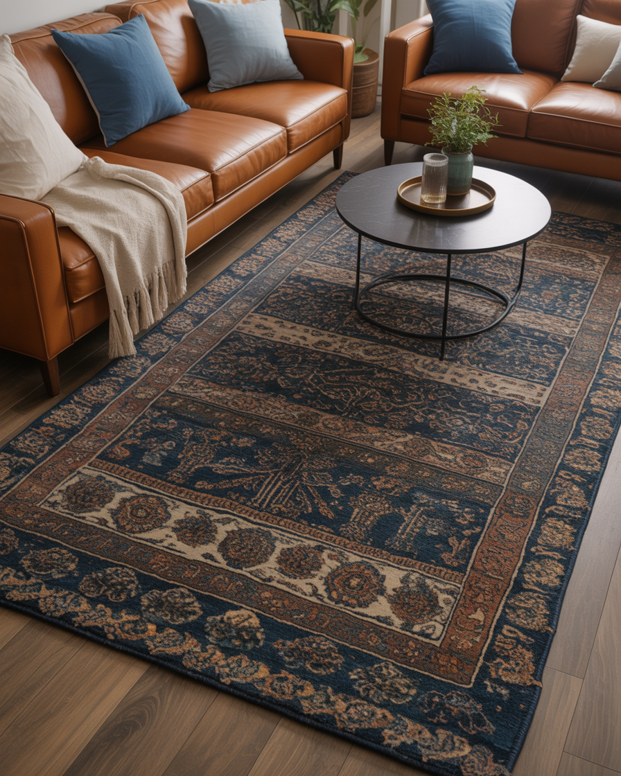 Cozy living room with a patterned blue and brown rug adding texture and color to the space.