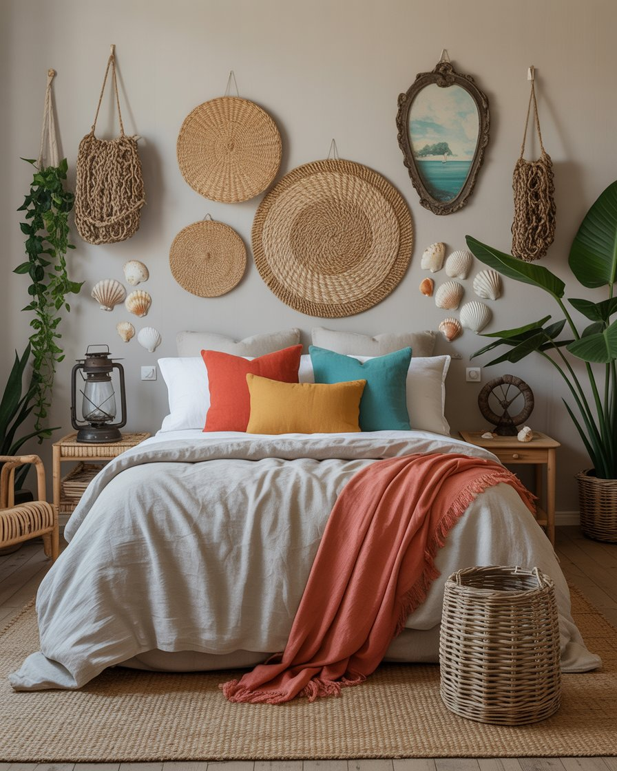 A boho coastal bedroom with personalized decorative items and seashell collections.