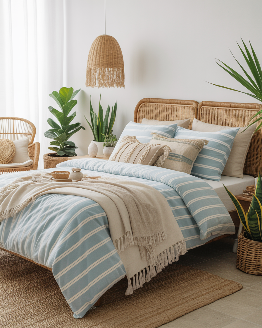 A boho bedroom with striped light blue and white bedding for a refreshing look.