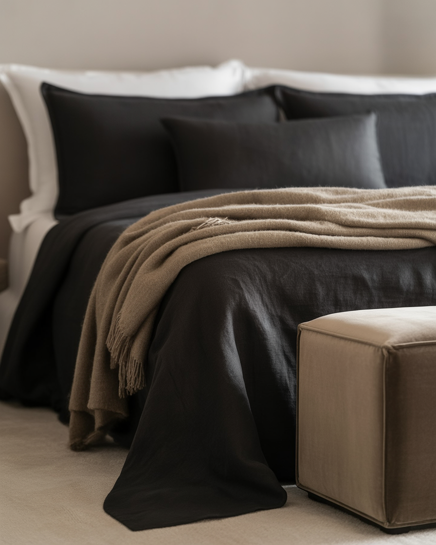 Black linen bedding paired with soft, plush fabrics like velvet and wool for a luxurious, cozy atmosphere.