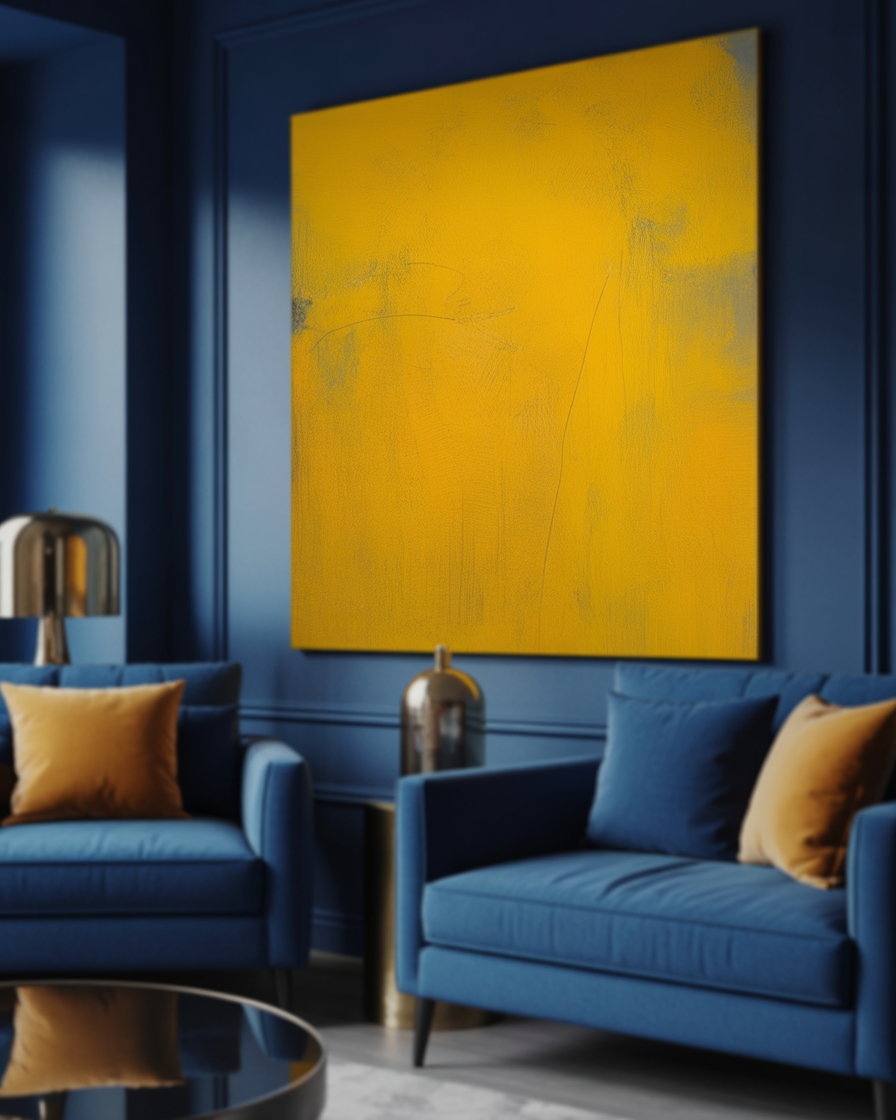 Bold mustard yellow wall art creating a vibrant contrast with navy blue furniture.