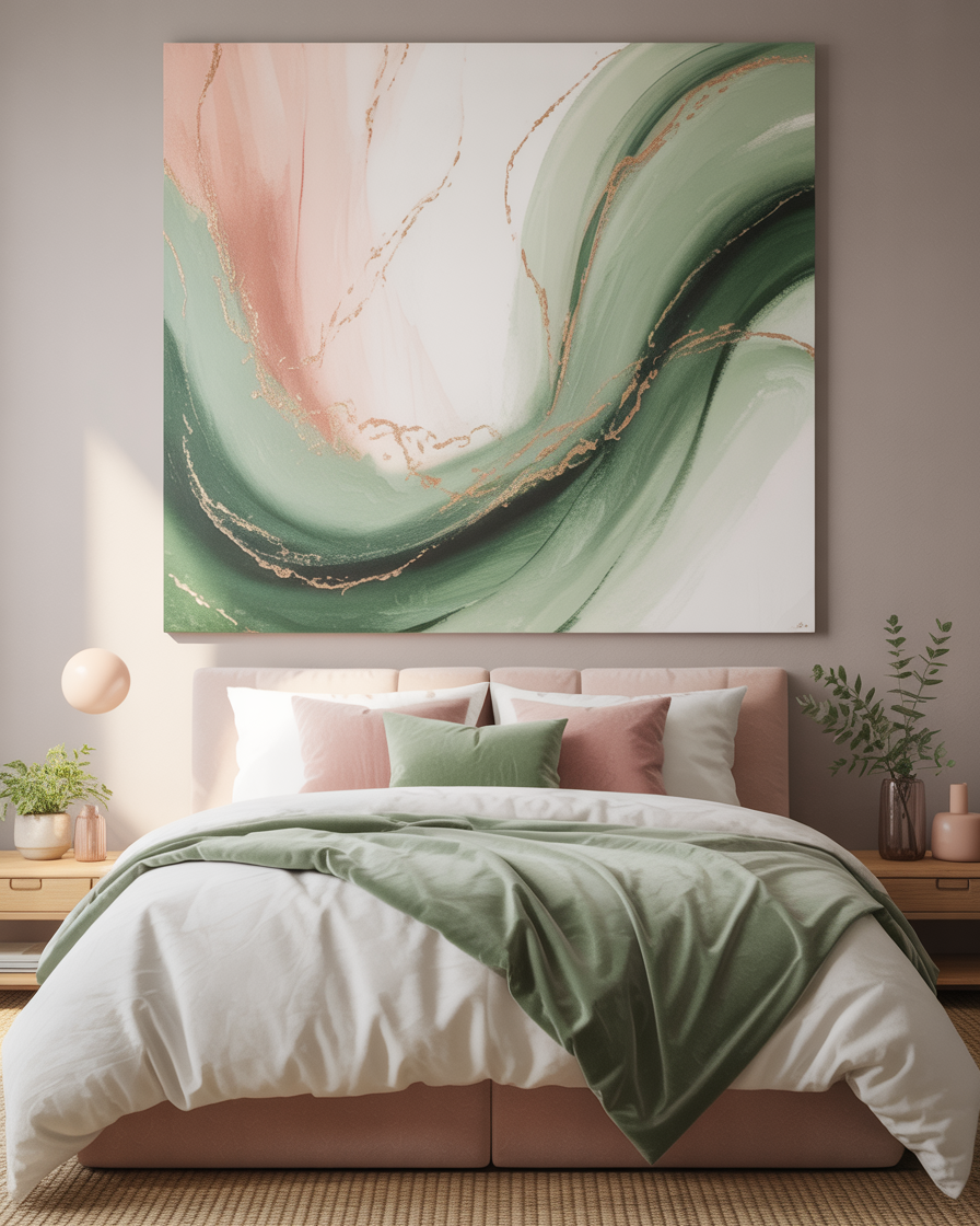 Room with art in sage green and blush tones above the bed.