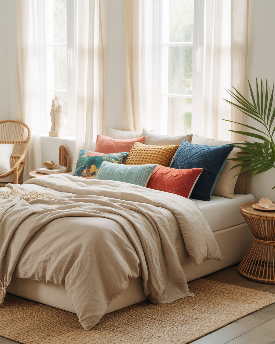 Boho coastal bedroom with linen bedding and textured throw pillows.