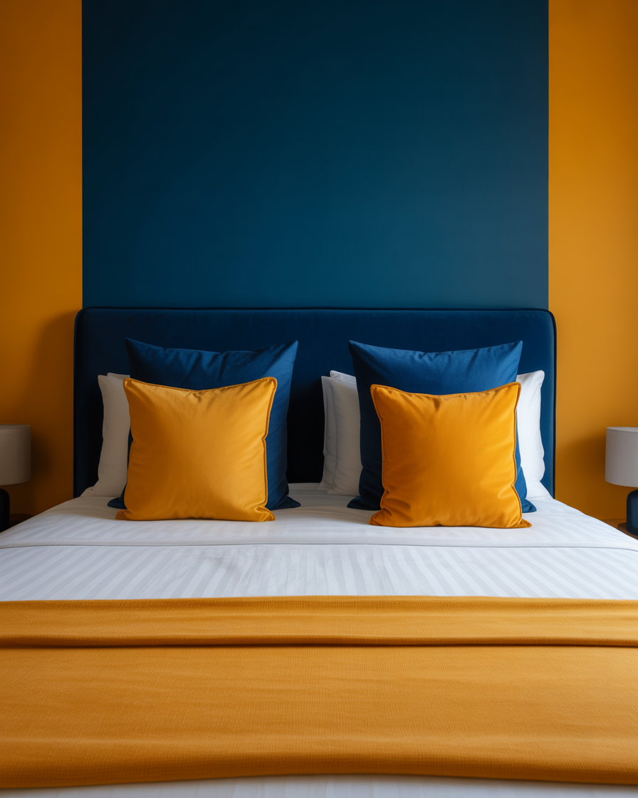 Navy blue headboard paired with mustard yellow accents for a sophisticated bedroom look.