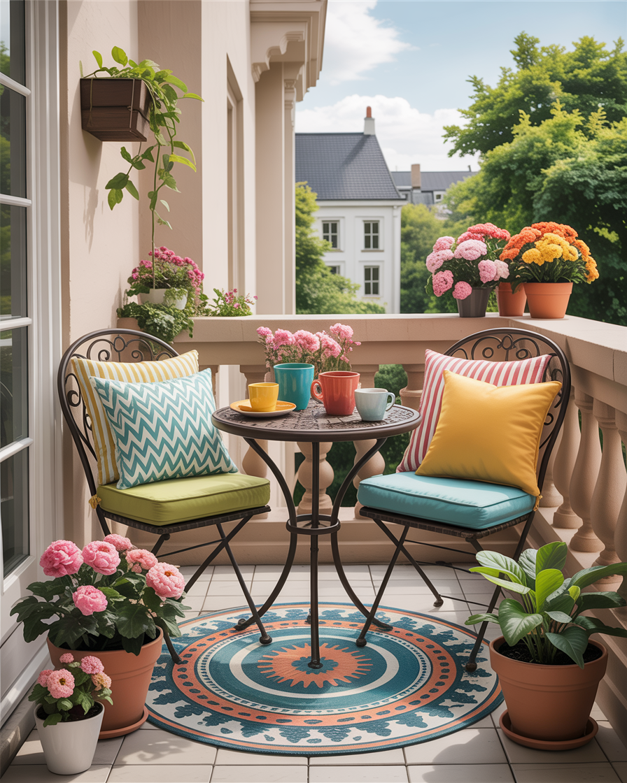 Outdoor cushions and throw pillows on a small balcony, adding comfort and color.