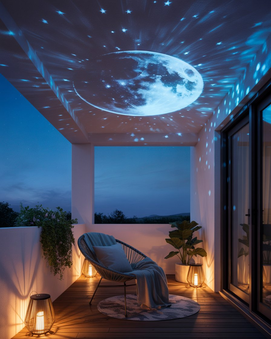 Romantic balcony with a moon and star projector creating a celestial ambiance.