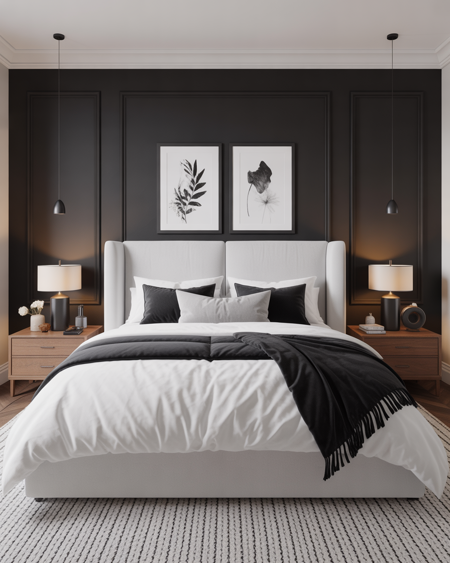Chic black and white bedroom with dramatic contrast and minimalist decor.