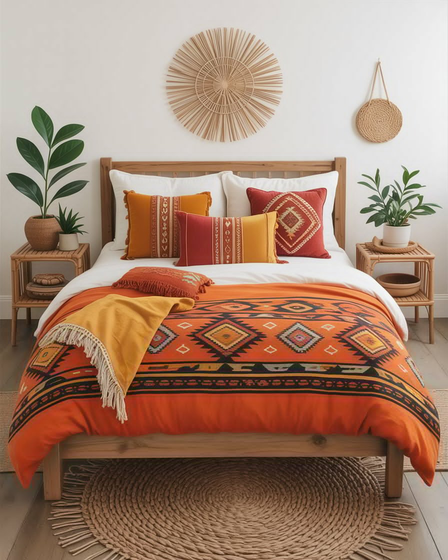  A boho bedroom with Southwestern-style orange bedding featuring geometric patterns.