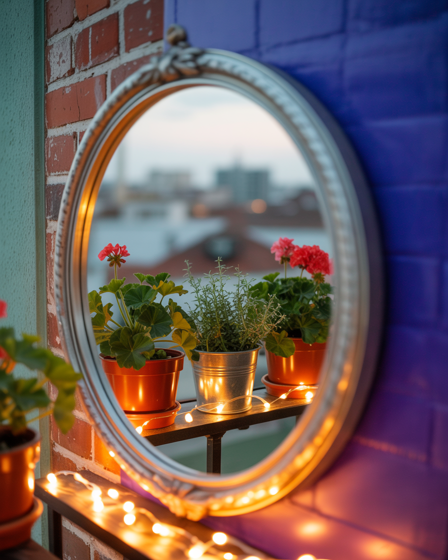 Mirror reflecting balcony lights and greenery