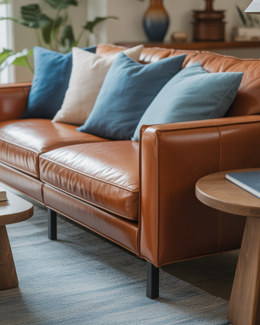 Stylish living room featuring a brown leather sofa and soft blue linen cushions for a cozy, textured feel.