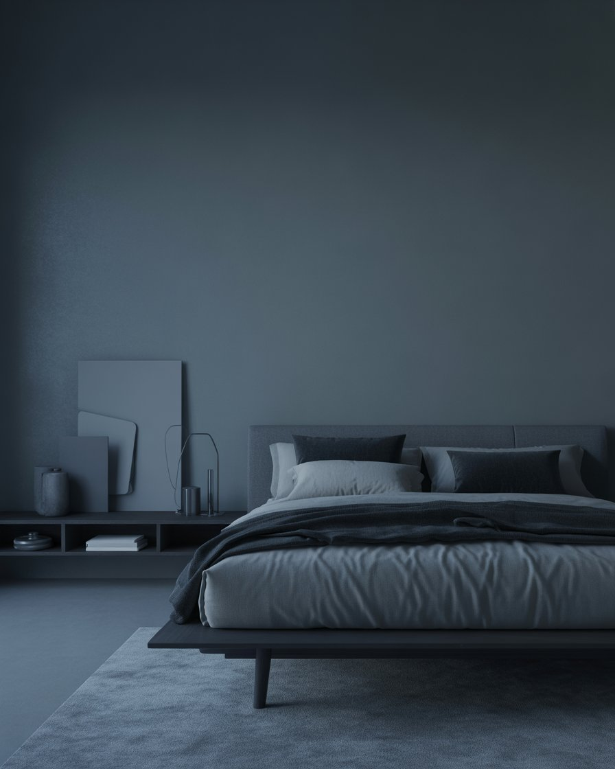 Minimalist moody bedroom with sleek furniture and a calm, dramatic color palette.