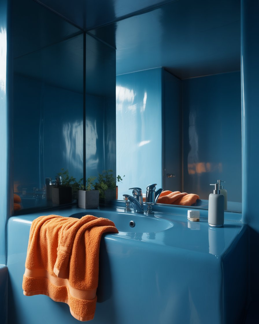 Spa-like dark blue bathroom with bright orange towels adding warmth to the serene space.