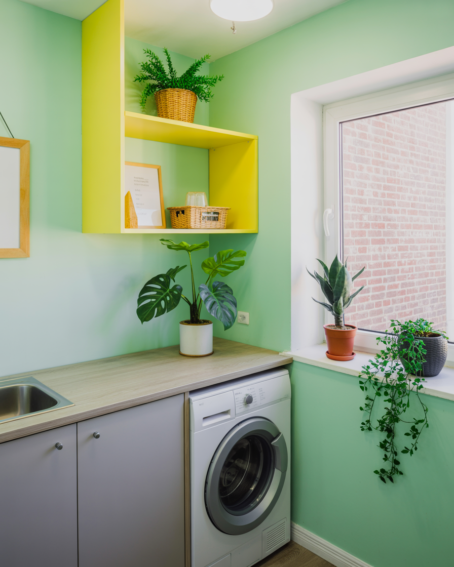 Indoor plants placed in unexpected spaces like laundry or kitchen areas