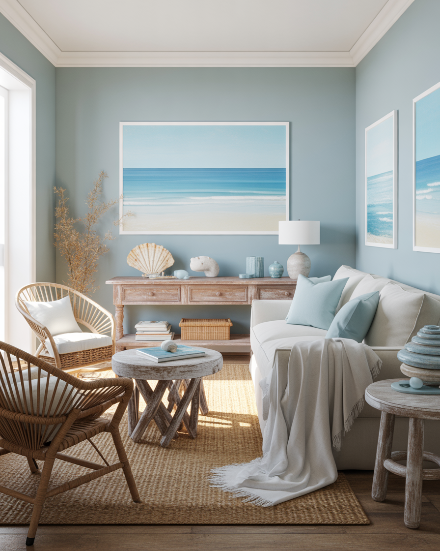 Coastal-inspired living room with light blue and brown tones creating a relaxed, airy atmosphere.