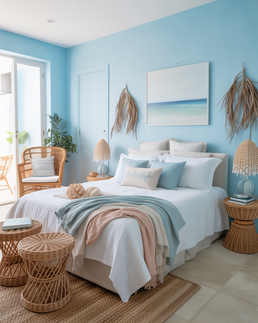 A light, airy coastal bedroom with blues, whites, and natural textures for a relaxed, beach-inspired retreat.