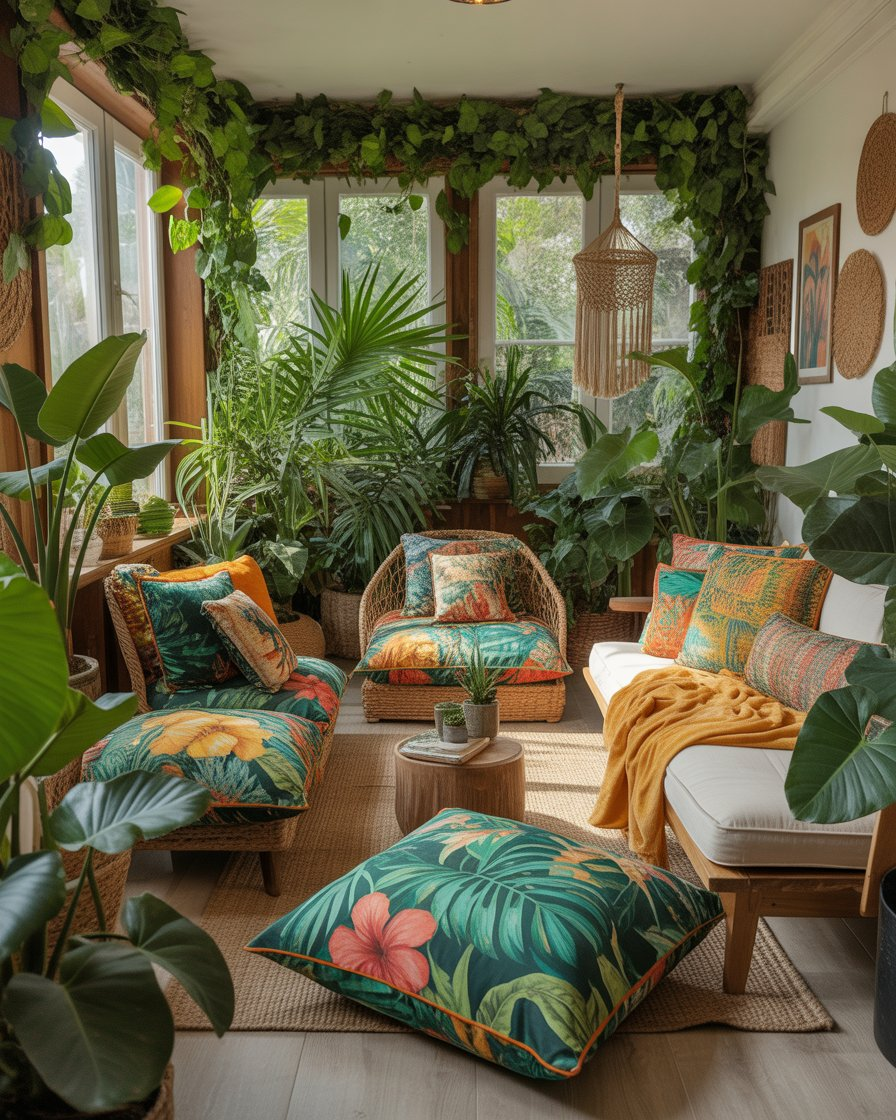 Tropical leaf prints in a boho sunroom.