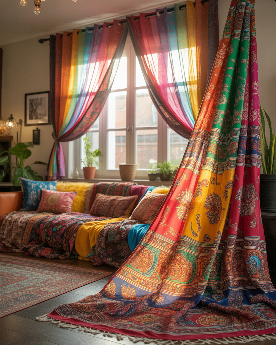 Sari fabric drapes in a boho living room with vibrant patterns.