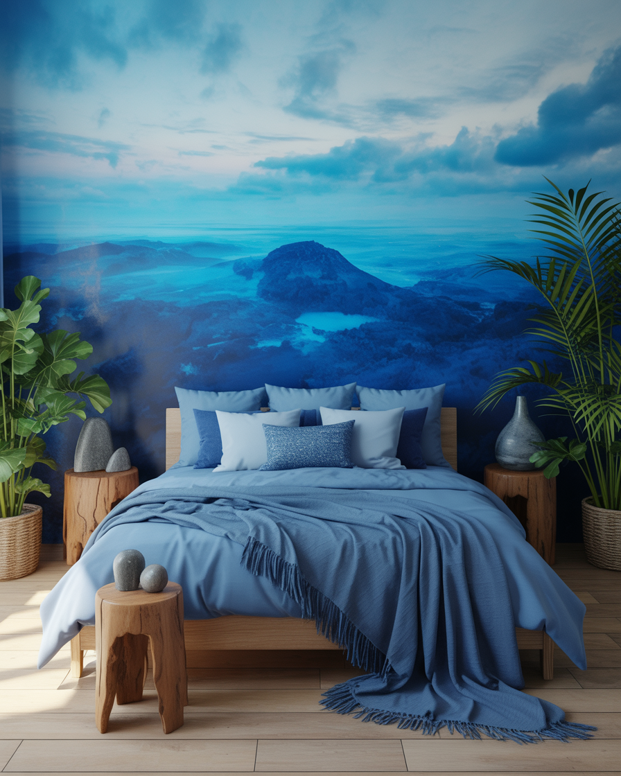 A layered blue boho bedroom with natural wood accents and indoor plants, creating a fresh, nature-inspired look.