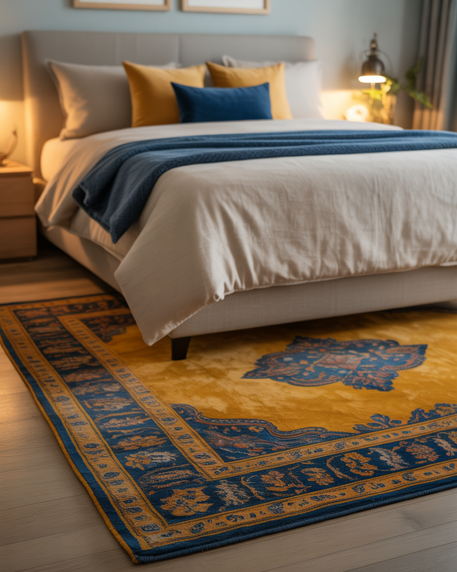 Mustard yellow and navy blue area rug adding color and warmth to the bedroom floor.