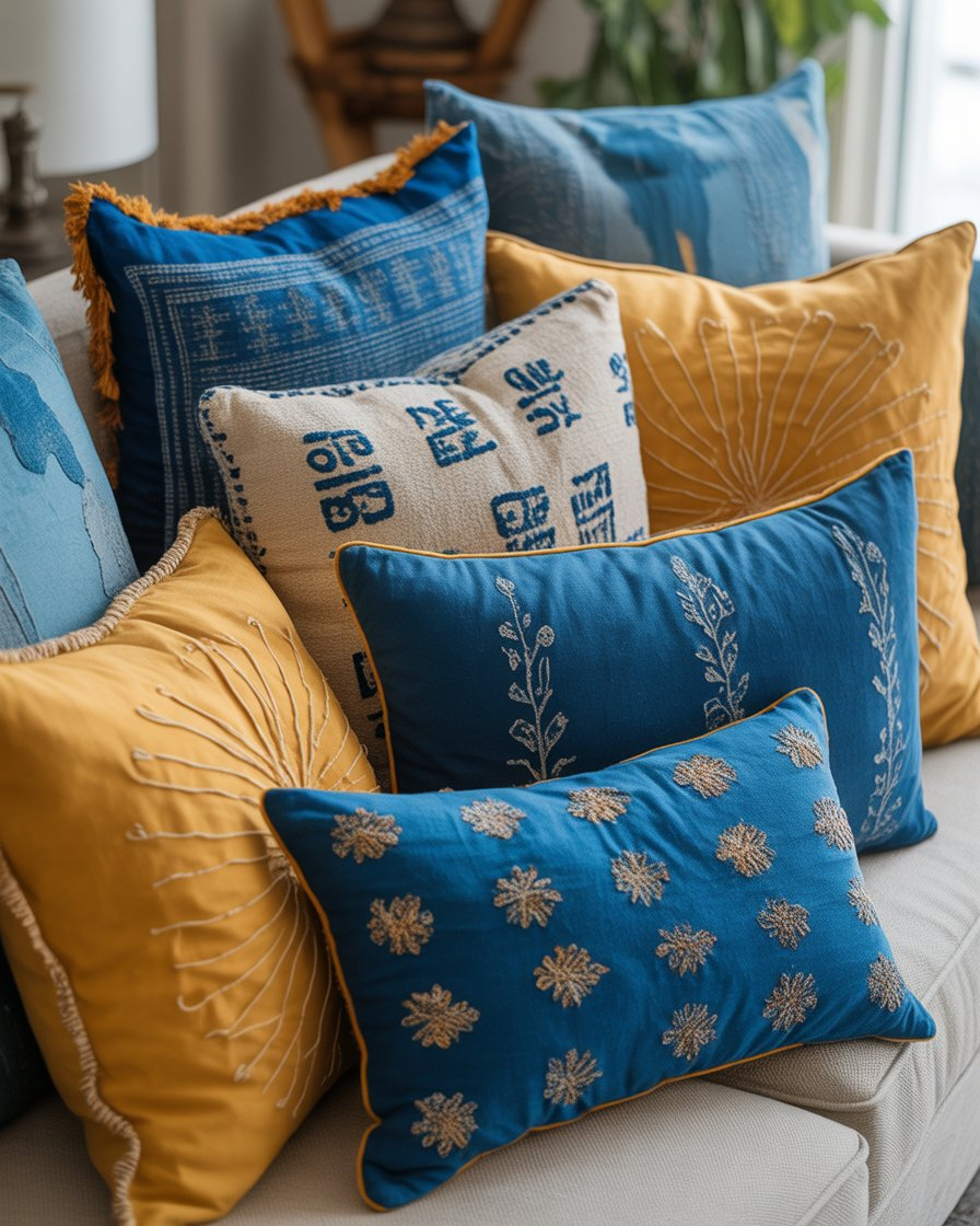 Colorful blue and yellow boho pillows adding comfort and flair to a sofa.
