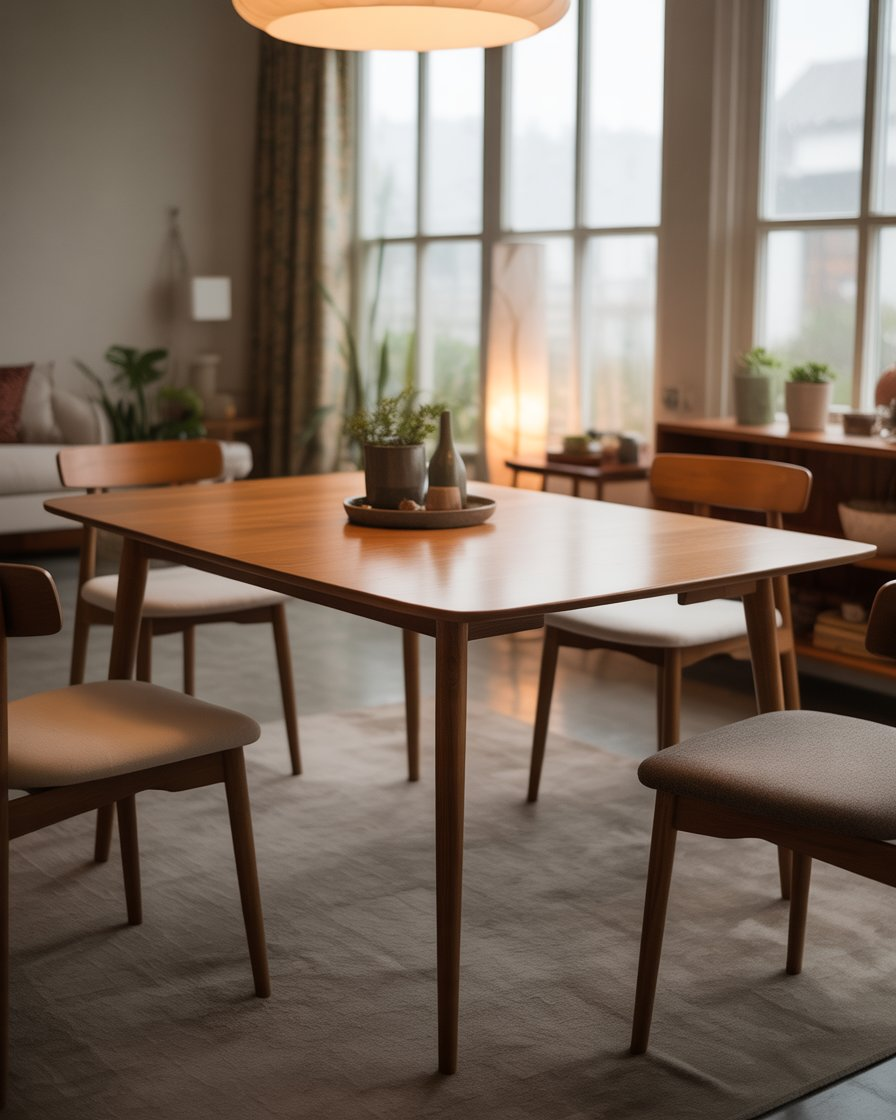 Mid-Century Modern dining table in a small, cozy dining room with minimalist decor.