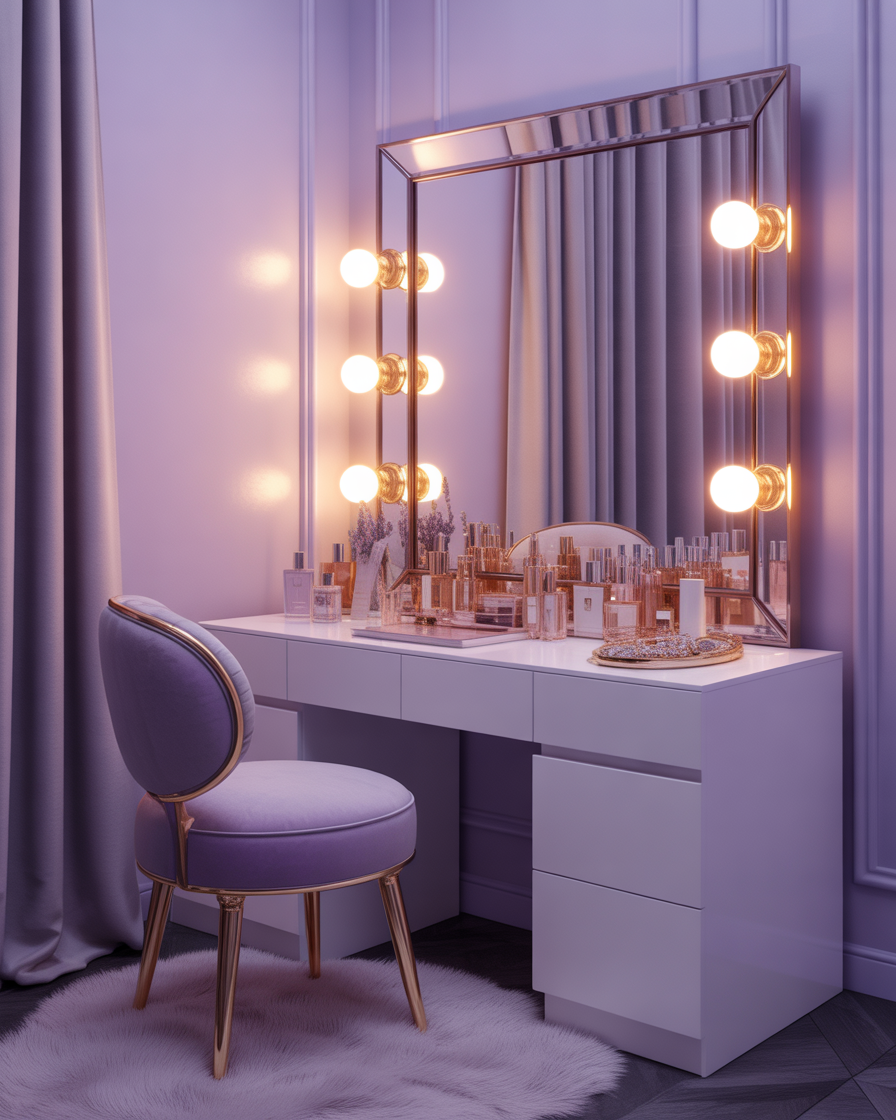 Glamorous vanity area with mirror and beauty products.