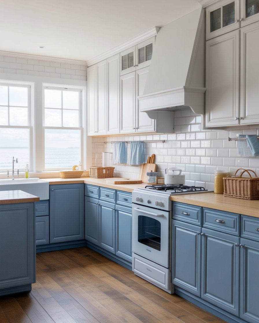 Two-tone blue and white kitchen cabinets with a subway tile backsplash and wood floors for a coastal-inspired look.