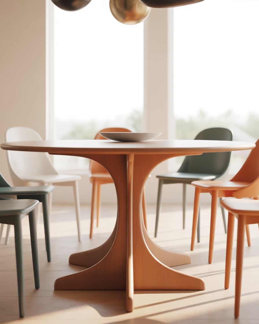 Pedestal dining table with minimalist chairs in a bright and airy dining room.