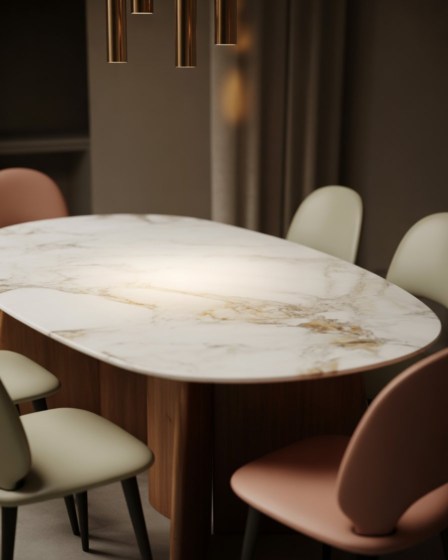 White marble oval dining table with wooden legs in a chic dining room.
