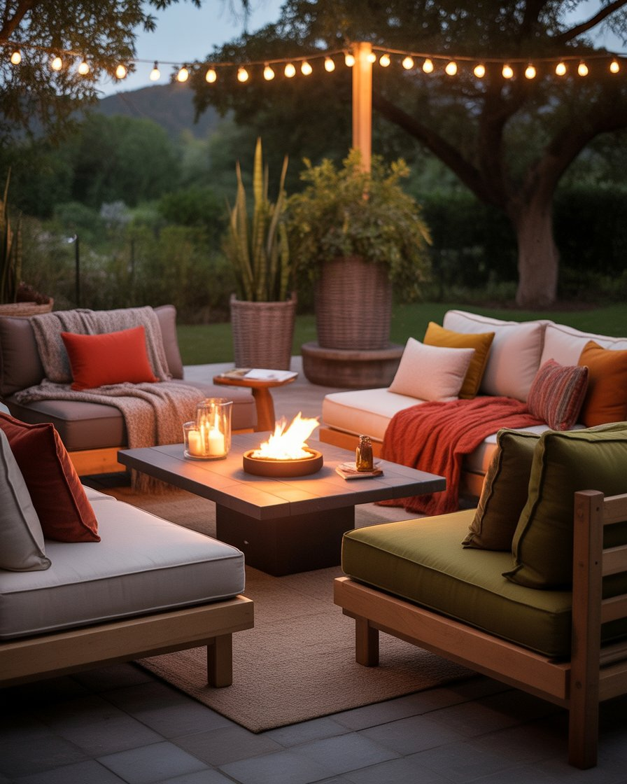 Cozy outdoor lounge with firepit and comfy seating.