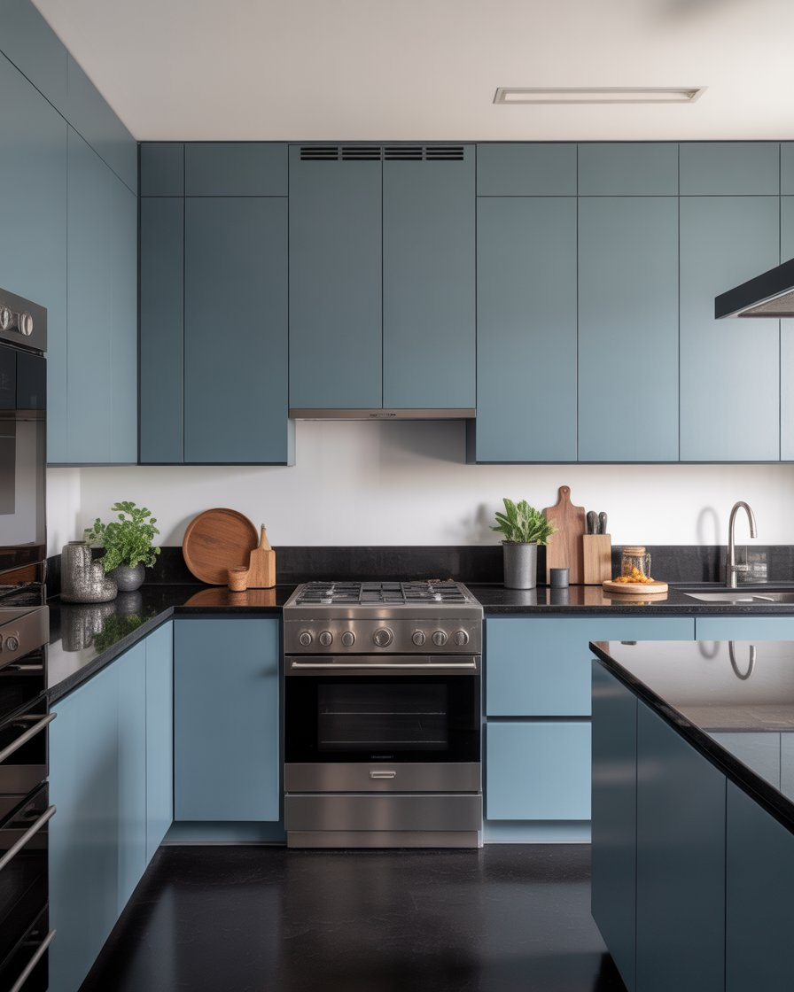 Blue-gray kitchen cabinets with black countertops and stainless steel appliances creating a sleek, contemporary kitchen.