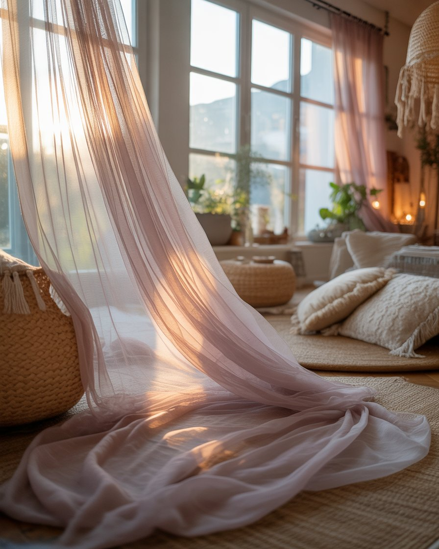 Tulle curtains in a breezy boho room.