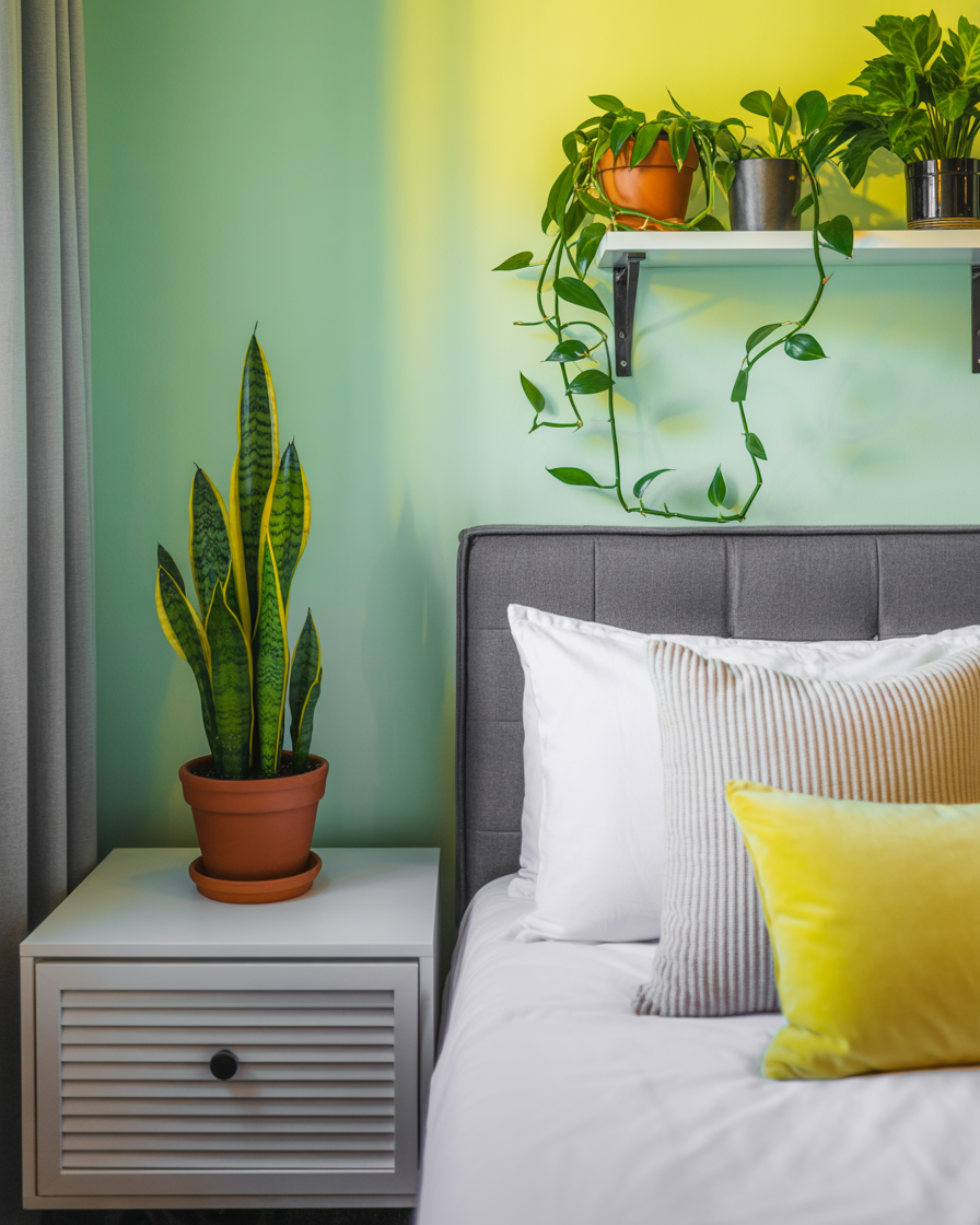 Peaceful bedroom with indoor plants