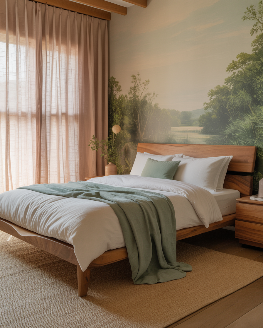 Bedroom with a mix of natural wood, sage green accents, and blush linen curtains.