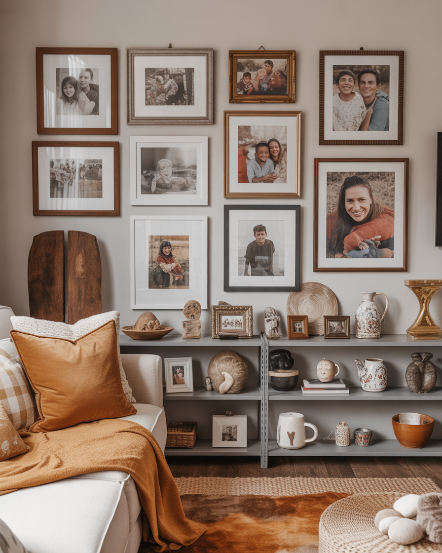 Family room with personal touches like framed family photos and travel souvenirs.