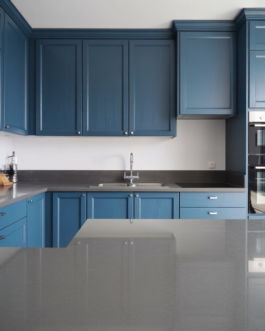Denim blue kitchen cabinets paired with grey countertops and stainless steel appliances for a modern, inviting look.