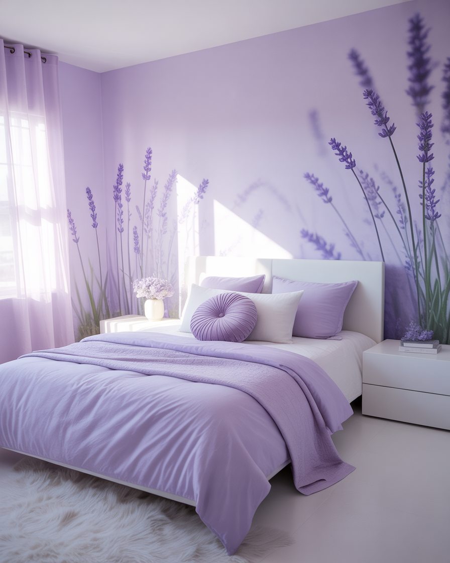 A light and elegant bedroom with lavender and white tones, promoting a peaceful and serene atmosphere.