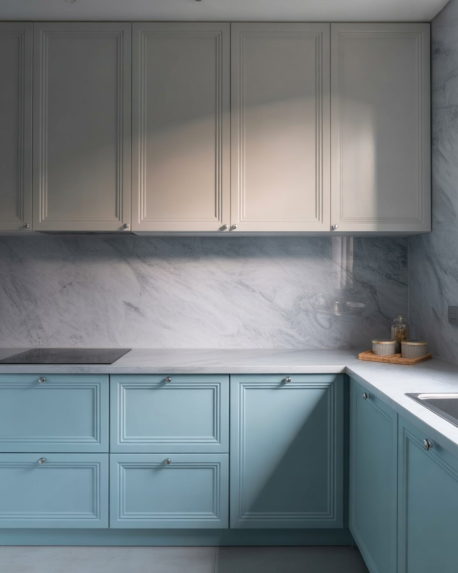 Light blue and grey kitchen cabinets with marble countertops for a serene and sophisticated kitchen design.