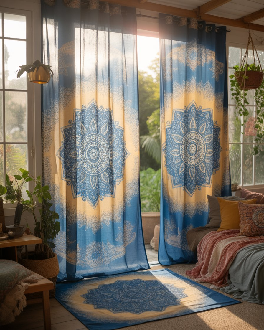 Mandala print curtains in a boho sunroom.
