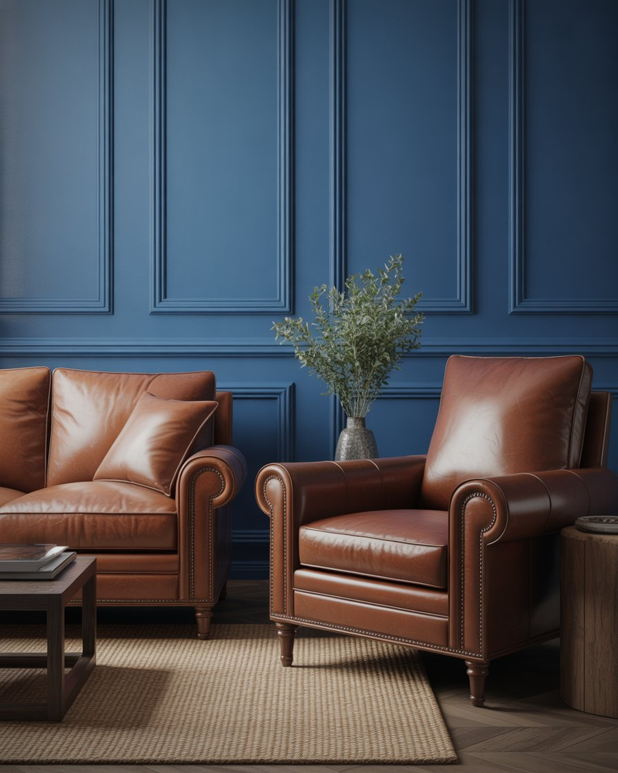 Classic living room with brown leather accents and blue walls for a sophisticated and cozy look.